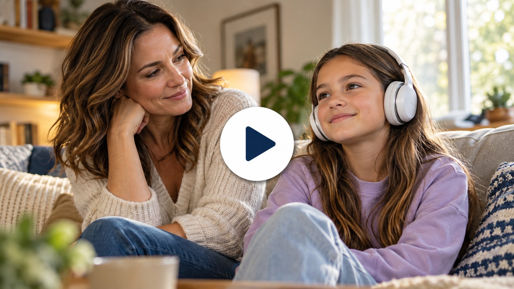 Illustrative scene of a mother beside her daughter wearing headphones, with a play button in the center
